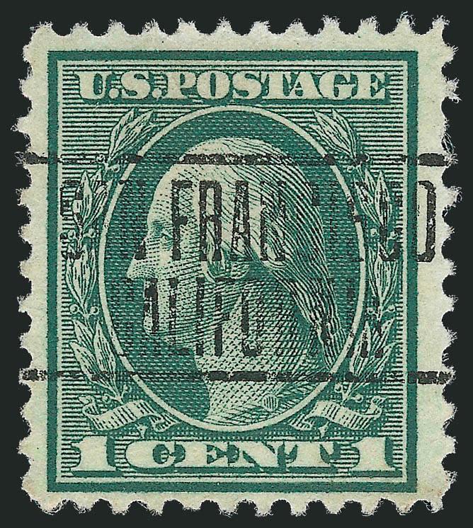 1c Green, Rotary Perf 11 (544).> Unusually wide and balanced margins, bright shade, neat San Francisco California precancel<><>^VERY FINE. AN OUTSTANDING EXAMPLE OF THIS RARE ROTARY SHEET WASTE ISSUE.^<><>With
2003 P.F. certificate