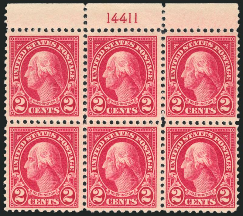 2c Carmine, Perf 10 at Bottom (554d).> Top plate no. 14411 block of six, bottom center and bottom right stamps Perf 10 at bottom, bottom left stamp transitional Perf 10 and 11 at bottom, top stamps normal,
positions 2-4 and 6 Mint N.H. (two are the v