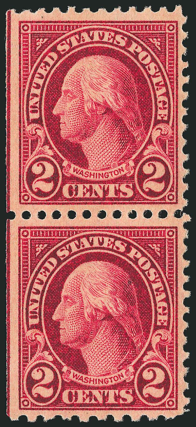 2c Carmine, Perf 10 at Bottom (554d).> Vertical pair, bottom stamp the variety which is <Mint N.H.,> deep vivid color, choice centering, natural s.e. at left, light gum bend on error stamp mentioned only for
the sake of accuracy<><>^VERY FINE AND C