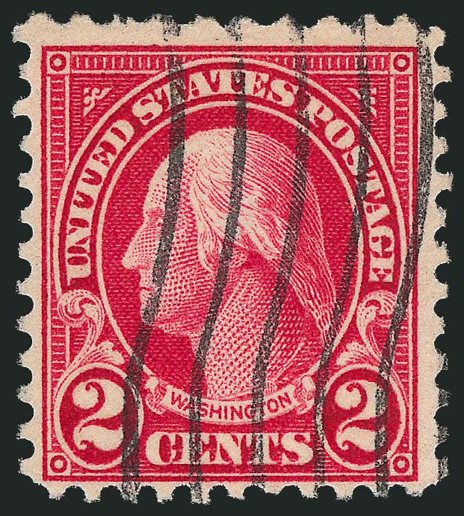 2c Carmine, Perf 10 at Top (554d).> Vivid color, attractive centering, neat wavy-line machine cancel, small part of pulled perf at top left<><>^FINE APPEARING AND RARE EXAMPLE OF THE 1922 2-CENT PERF 10 AT
TOP.^<><>Unpublished Census No. 554d-CAN