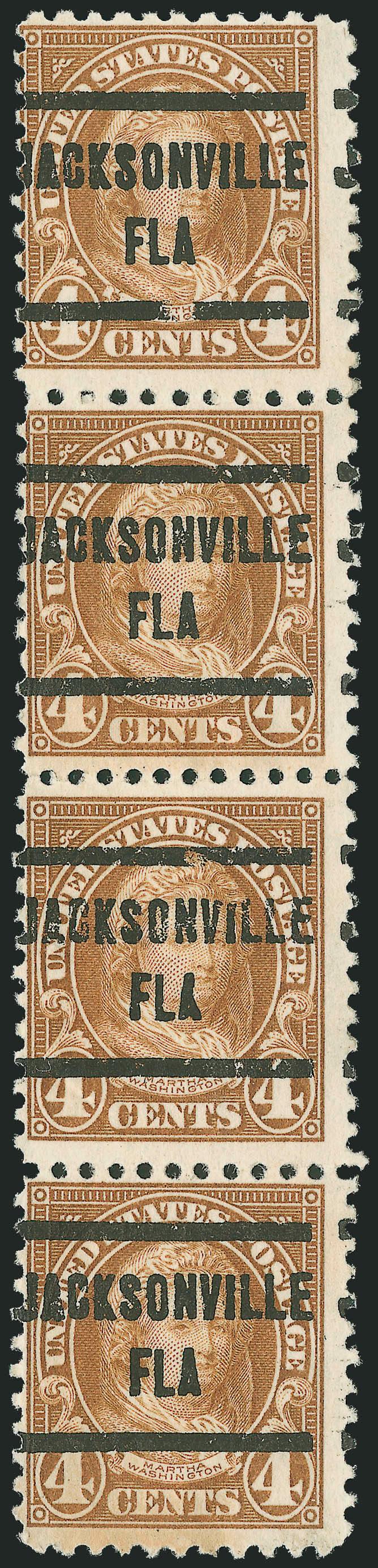 4c Yellow Brown, Perf 10 at Top and Bottom (556b).> Vertical strip of four, Perf 10 between top two stamps -- thus containing two examples of the variety -- bright color, Jacksonville Fla. precancel, third
stamp from top some creasing, bottom stamp