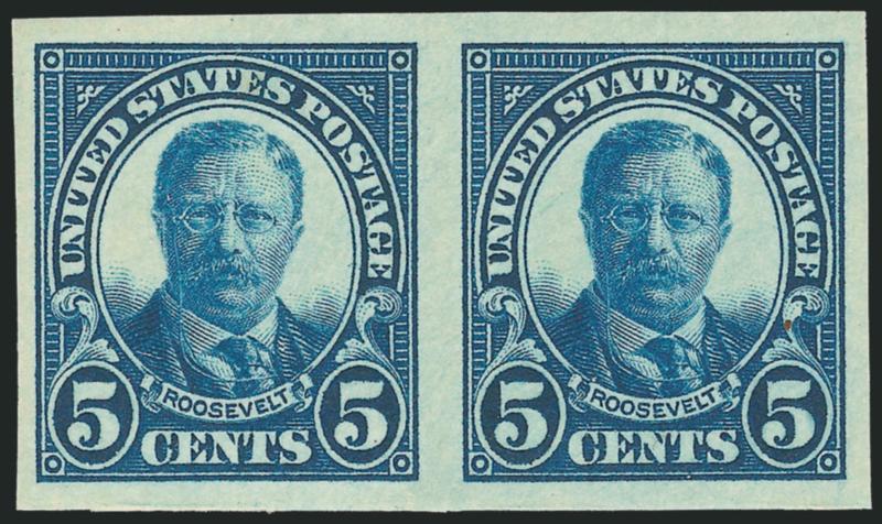 5c Dark Blue, Imperforate Pair (557a).> Lightly hinged, large balanced margins all around, intense color and detailed impression, Extremely Fine, only one or two panes of 100 are believed to exist, with copy
of 2002 P.F. certificate for block of four