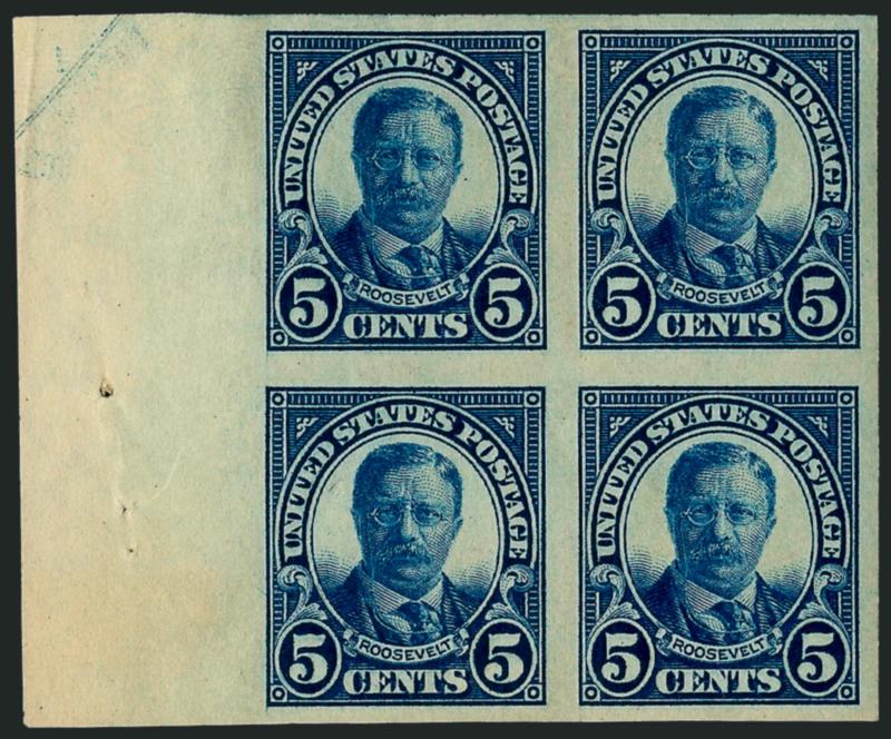 5c Dark Blue, Imperforate Pair (557a).> Block of four, huge margins incl. sheet margin at left, top left stamp small h.r., three stamps Mint N.H., rich color<><>^EXTREMELY FINE. AN EXCEEDINGLY RARE MULTIPLE OF
THE 5-CENT 1922 IMPERFORATE.^<><>One