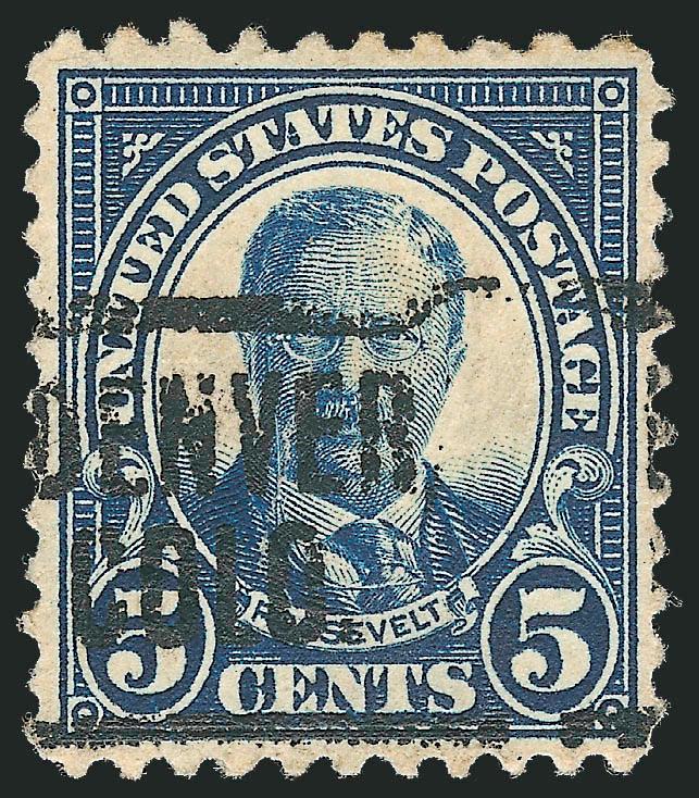 5c Dark Blue, Perf 10 at Top (557c).> Rich color, bold Denver Colo precancel, choice centering, almost full original gum, light creases and thin spot<><>^EXTREMELY FINE APPEARING EXAMPLE OF THE 1922 5-CENT
PERF 10 AT TOP. ONLY TEN USED SINGLES AR