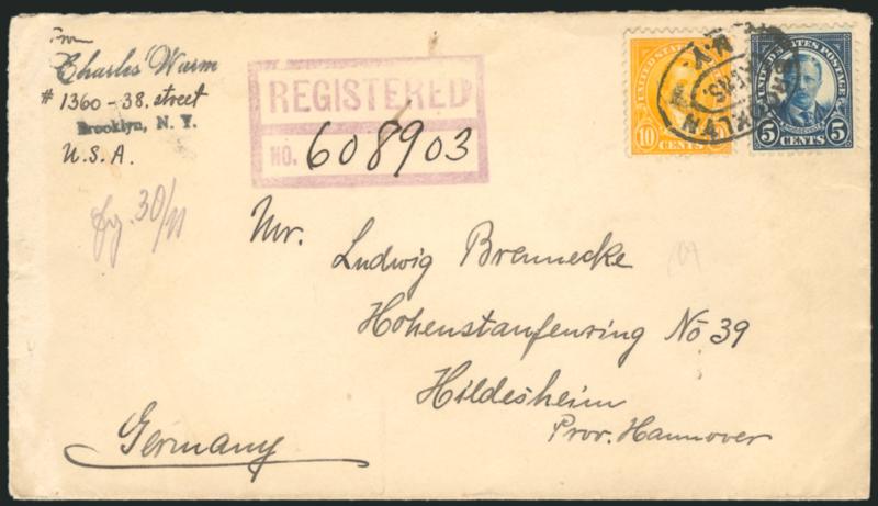 5c Dark Blue, Perf 10 at Top (557c).> Deep rich color, used with 10c Orange (562), tied by Brooklyn N.Y. Kens. oval cancel on cover <to Hildeshein, Germany,> purple registry handstamp at left, purple Brooklyn
(Kensington Sta.) N.Y. Nov. 12, 1923 R