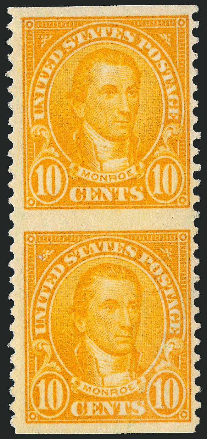 10c Orange, Vertical Pair, Imperforate Horizontally (562a).> Lightly hinged, radiant color on fresh paper, Pos. 2838 lightly noted in pencil on gum (by Ward)<><>^VERY FINE AND CHOICE EXAMPLE OF THIS SCARCE
MAJOR ERROR.^<><>Datz states one pane k