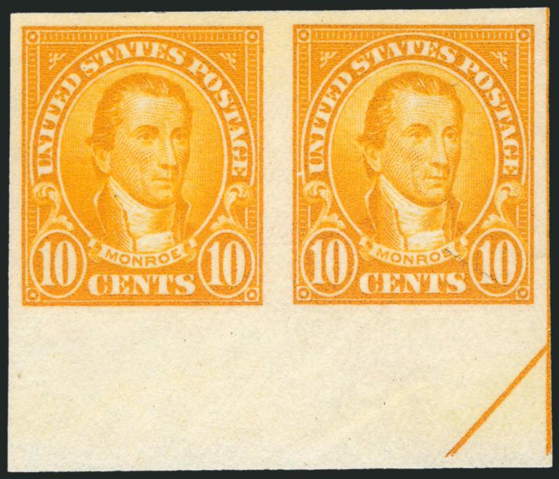 10c Orange, Imperforate Pair (562b).> Horizontal pair, unused (no gum) as are all known examples, large to huge margins incl. <sheet margin with part arrow at bottom,> vibrant color<><>^VERY FINE AND SCARCE. A
DESIRABLE BOTTOM SHEET-MARGIN PAIR OF