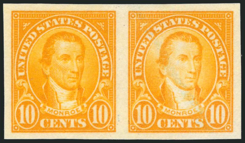 10c Orange, Imperforate Pair (562b).> Unused (no gum) as are all known examples, bright color, blue crayon cleaned from right stamp, otherwise Very Fine, scarce, with 1989 and 2006 P.F. certificates