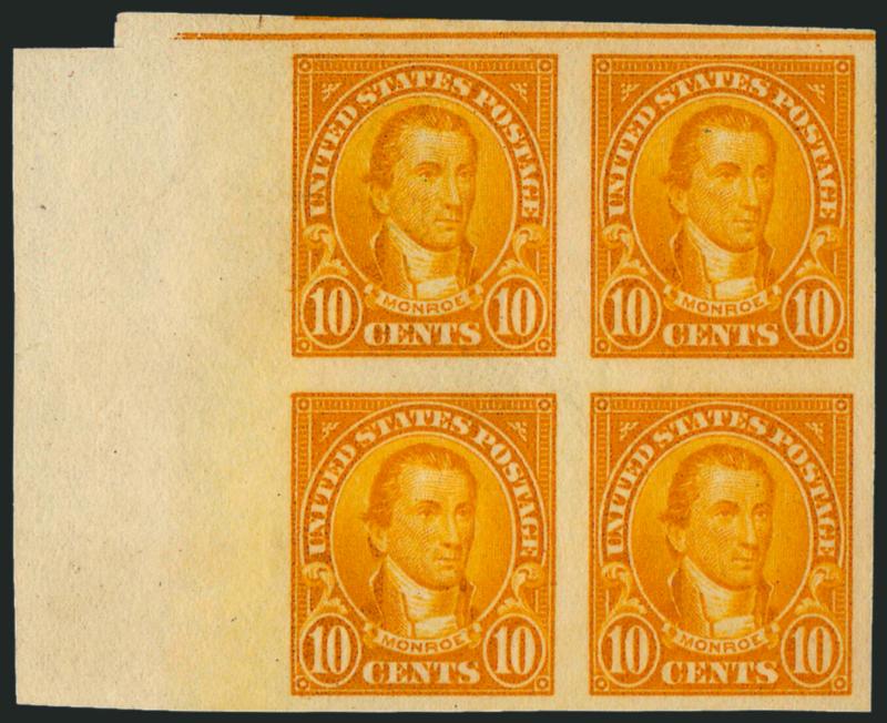 10c Orange, Imperforate Pair (562b).> Block of four, huge margins including guideline at top and sheet margin at left, without gum as are all known examples of this rarity, intense shade<><>^EXTREMELY FINE. A
RARE BLOCK OF THE 10-CENT 1922 IMPERFOR