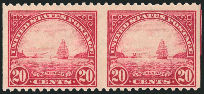 20c Carmine Rose, Horizontal Pair, Imperforate Vertically (567a).> Mint N.H., deep rich color, trace of guideline at right, usual light natural gum crease not mentioned on accompanying certificate<><>^VERY
FINE AND CHOICE. A RARE MINT NEVER-HINGED