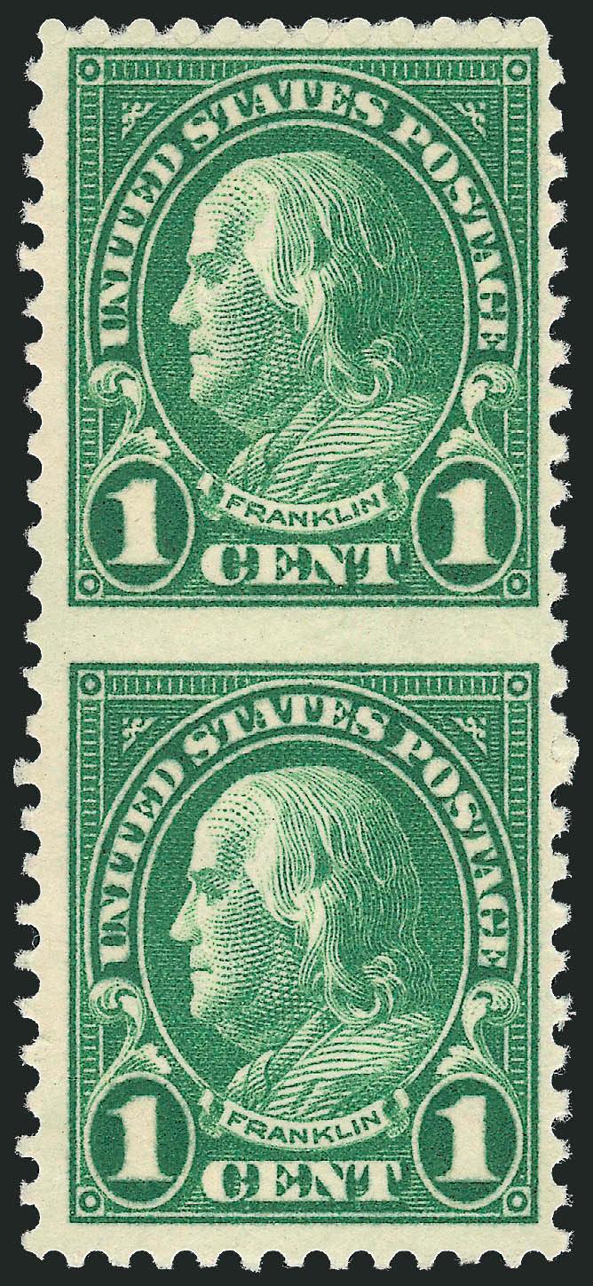 1c Green, Perf 11 x 10-12, Vertical Pair, Imperforate Between (632b).> Mint N.H., deep rich color on bright paper, wide margins<><>^VERY FINE AND CHOICE. A RARE MINT NEVER-HINGED EXAMPLE OF THE ONE-CENT
COMPOUND PERF IMPERFORATE BETWEEN. VERY FEW