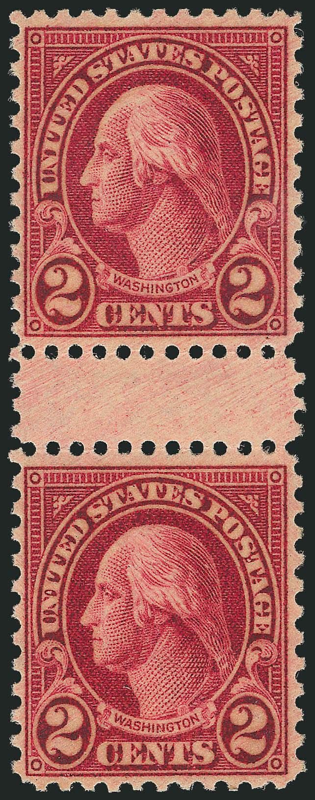 2c Carmine, Ty. II (634A).> Mint N.H. vertical pair with <full horizontal gutter,> deep rich color, Very Fine and rare, this is the first example we have offered since 1992, with copy of 1995 P.F. certificate
for block of four