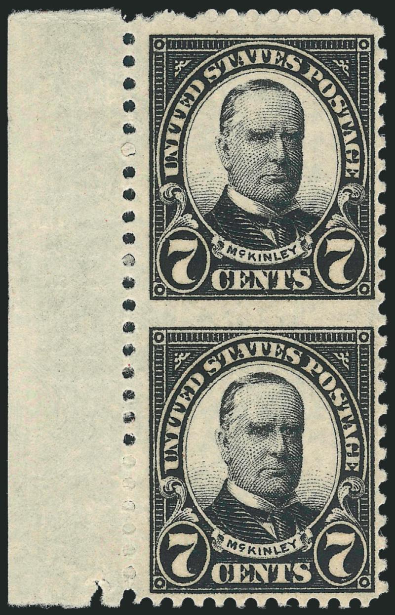 7c Black, Vertical Pair, Imperforate Between (639a).> Mint N.H. with selvage at left, intense shade and impression, fresh and Very Fine, quite scarce, according to Gary Griffith, this variety was first
reported in 1939, the postmaster in a small town