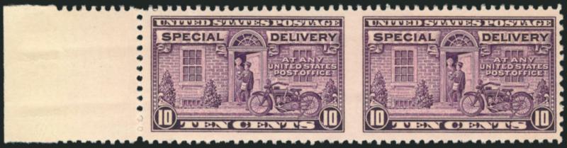 10c Gray Violet, Special Delivery, Horizontal Pair, Imperforate Between (E15c).> Mint N.H., deep color, much better centered than most, Very Fine and choice, ex Floyd and Whitman, with 2001 P.F.
certificate