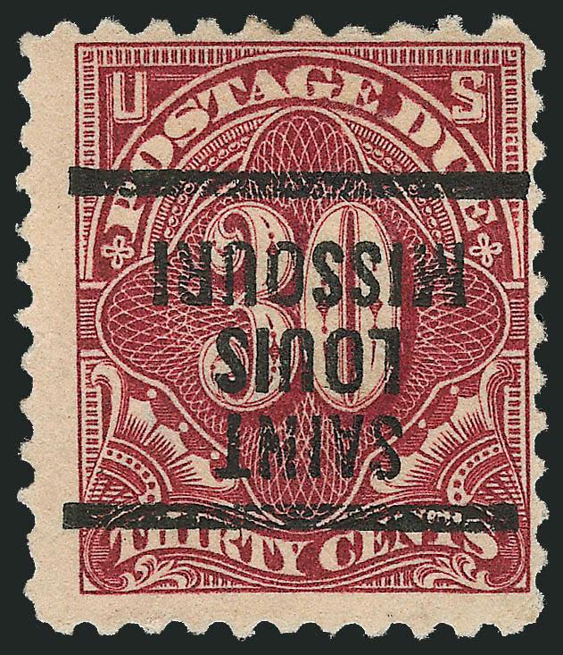 30c Deep Claret, Perf 10 at Top (J66b).> Neat St. Louis Mo. precancel, deep rich color, central thin spot<><>^FINE. THIS IS ONE OF ONY TWO RECORDED EXAMPLES OF THE 30-CENT 1917 POSTAGE DUE ISSUE PERFORATED 10
ON ONE SIDE. THIS RARE PERFORATION VA