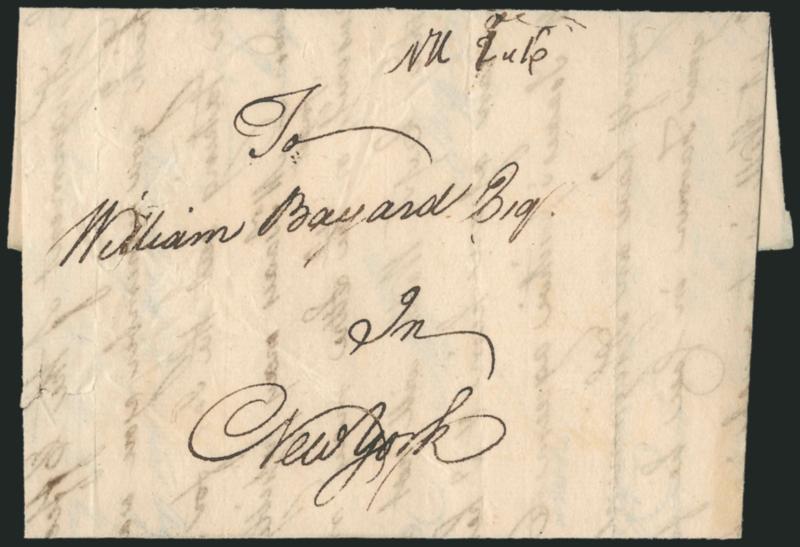 (New Haven Conn., 1765) NH 2.16.> Manuscript postmark and 2dwt 16gr rate on 1765 folded letter to prominent merchant William Bayard in New York, minor wear, Very Fine example of this desirable British Colonial
marking, the recipient joined the Sons