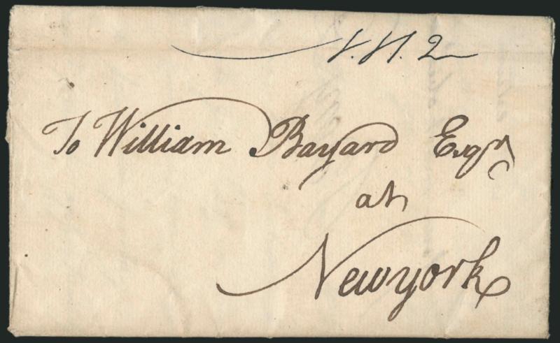 (New Haven Conn., 1768) NH 2.> Manuscript postmark and 2dwt on 1768 folded letter to prominent merchant William Bayard in New York, neat strike of 31AV (Aug. 31) Franklin mark on back, some slight wear incl.
small tear at upper left, Very Fine e