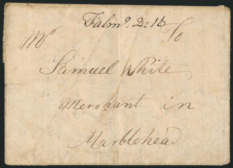 (Falmouth Maine, 1769) Falmo. 2:16.> Neat manuscript postmark with 2dwt 16gr rate on folded letter datelined <<Falmouth Decembr. 22, 1769>> to Marblehead Mass., light file folds and minor wear<><>^VERY FINE.
THIS IS THE EARLIEST REPORTED COVER