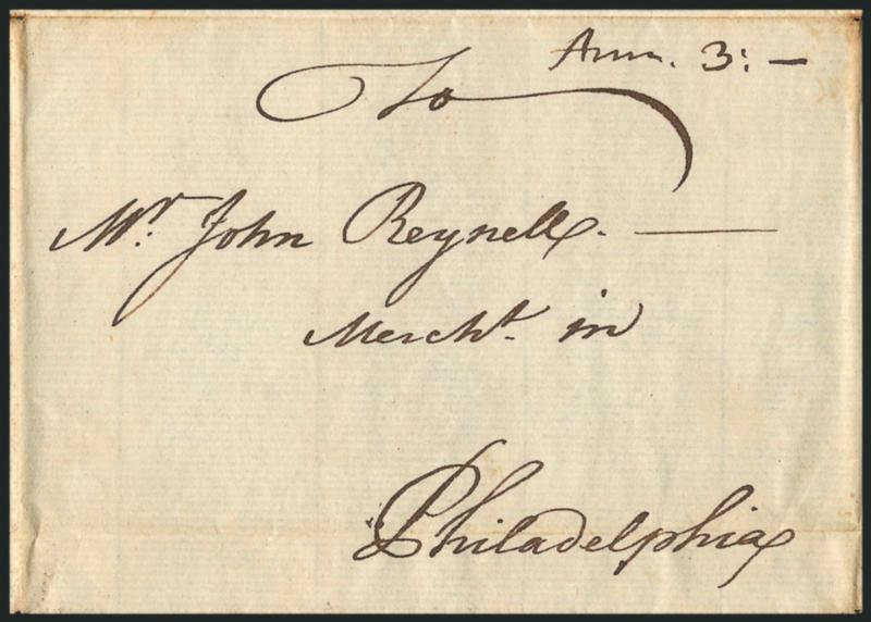 (Annapolis Md., 1760) Ann 3:-.> Manuscript postmark and 3dwt rate on folded cover to John Reynell in Philadelphia, receipt docketing <<From John Barnes junr. Recd 11th mo: 26th 1760,>> Very Fine, scarce
Colonial marking, ex Historical Society of