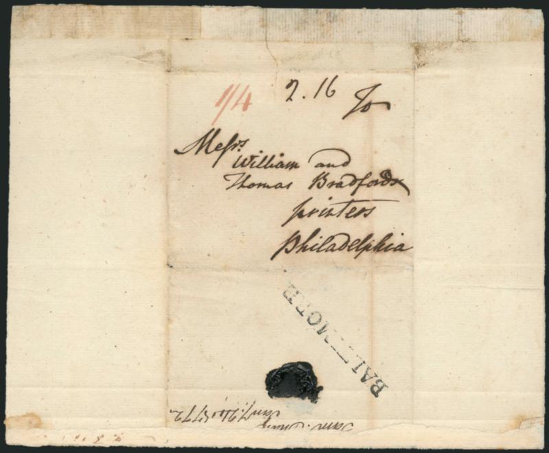 (Baltimore Md., 1772) BALTIMORE.> Mostly clear strike of straightline handstamp with ms. 2.16 dwt rate, red 14 due in local currency (2dwt16gr=8p x 1.67 inflation factor=14p plus 2p carrier fee, or 1sh4p) on
folded cover <addressed in the hand