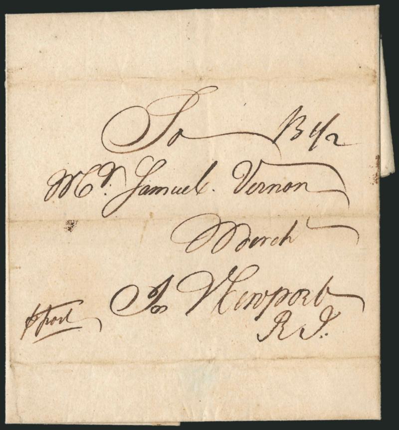 (Boston Mass., 1742) B 12.> Manuscript postmark and 1sh2p rate on folded letter datelined <oston Aug. 7th, 1742>> and addressed to Newport R.I., light horizontal file fold well clear of marking, Very
Fine