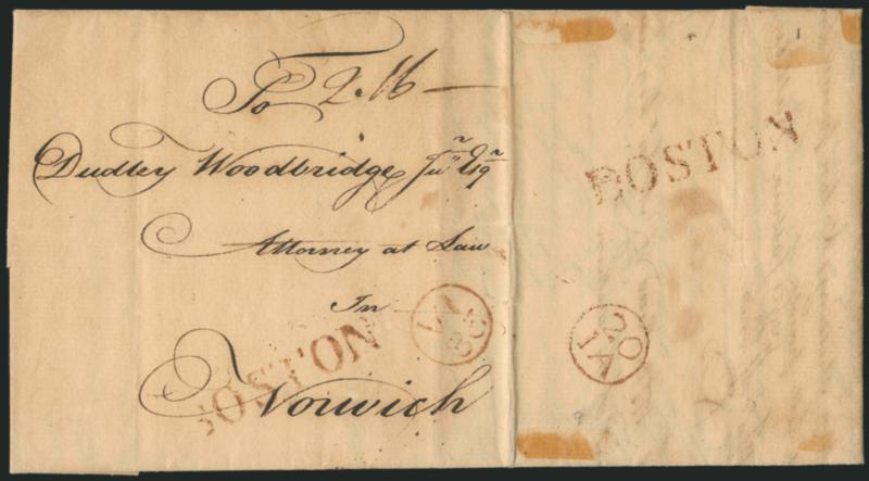 (Boston Mass., 1773) BOSTON.> Clear strike of red straightline handstamp and 20IA (Jan. 20) Franklin mark on back of 1773 folded letter to Norwich, also with second strike on front with 28IA (Jan. 28)
datestamp, ms. 2.16 rate, Very Fine