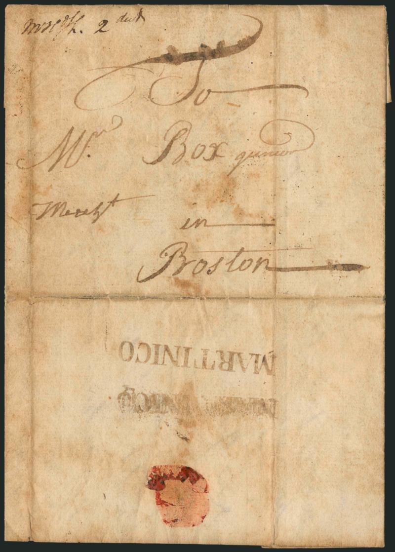 (Marblehead Mass., 1762) Ship Letter from British-Held Martinique to Boston via Marblehead.> Two clear strikes of brownish-black <^MARTINICO^> straightline on back of October 1762 folded letter to Boston, <ms.
MH Sh 2dwt Marblehead Mass. port-of-