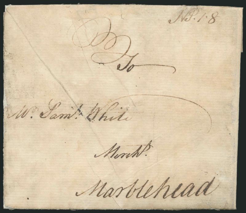(Newburyport Mass., ca. 1768-71) NP 1.8.> Neat manuscript postmark and 1dwt 8gr rate on ca. 1768-71 folded letter to Marblehead Mass., dateline missing and with some paper restoration, still Very Fine, scarce
marking