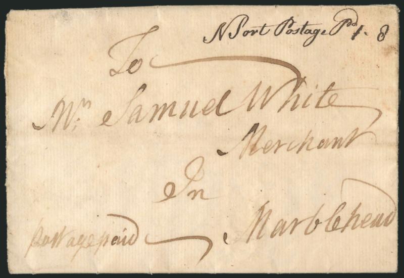(Newburyport Mass., 1774) N Port Postage Pd. 1.8.> Clear manuscript postmark and 1dwt 8gr rate on folded letter to Marblehead Mass., ms. <<Postage Paid>> at lower left, some slight wear, Very Fine example of
this scarce British Colonial marking