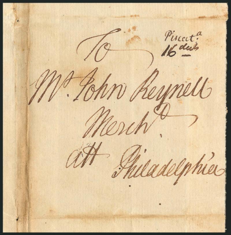 (Portsmouth N.H., 1745) Piscata. 16 dwts.> Manuscript postmark (Piscataqua) and double 8dwt rate on folded cover to John Reynell in Philadelphia, receipt docketing <<From Henry Sherburne Jnr. Recd. in 4mo
1745,>> panels along right side have been