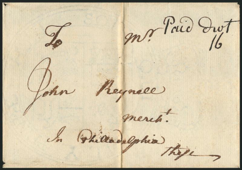 (Portsmouth N.H., 1760) Paid 16dwt.> Manuscript postmark and double 8dwt rate without post office name but in the same style as other Portsmouth markings of the period, on folded cover to John Reynell in
Philadelphia, receipt docketing <<From Jos.