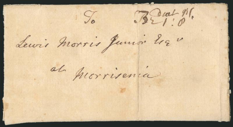(Trenton N.J., 1743) Tr 1dwt 8gr.> Manuscript postmark and 1dwt 8gr rate on folded letter datelined <<Trentown 23rd August 1743>> to Lewis Morris Jr. at Morrisenia, letter written by <Richard Peters,> who with
Benjamin Franklin founded the Colleg