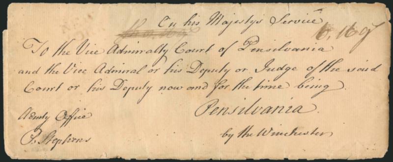 (New York N.Y., 1760) NEWYORK.> Light strike in red of two-line handstamp on 1760 folded cover addressed to <<The Vice Admiralty Court of Pennsylvania, by the Winchester>>, also with ms. <<On His Majestys
Service>>, ms. 6.16 dwt rate, missi