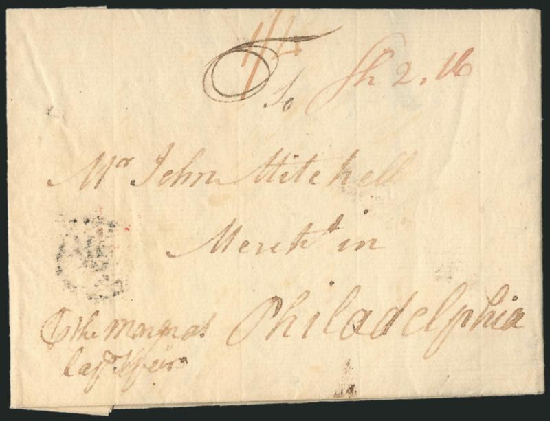(New York N.Y., 1774) NEW-YORK.> Bold strike of straightline handstamp with matching 30SE (Sep. 30) Franklin mark on 1774 folded letter datelined <<Milbarehan (?) 1 August 1774>> and addressed to Philadelphia,
docketing at lower left indicates