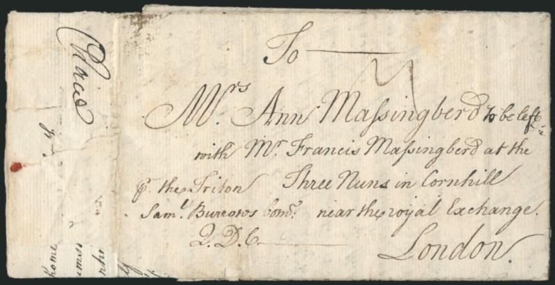 (South Carolina, 1747) Ship Letter to London.> Folded letter datelined <<April 30th 1747>> and addressed to <<Mrs. Ann Massingberd, to be left with Mr. Francis Massingberd at the Three Nuns in Cornhill near
the royal Exchange, London>>, also endo