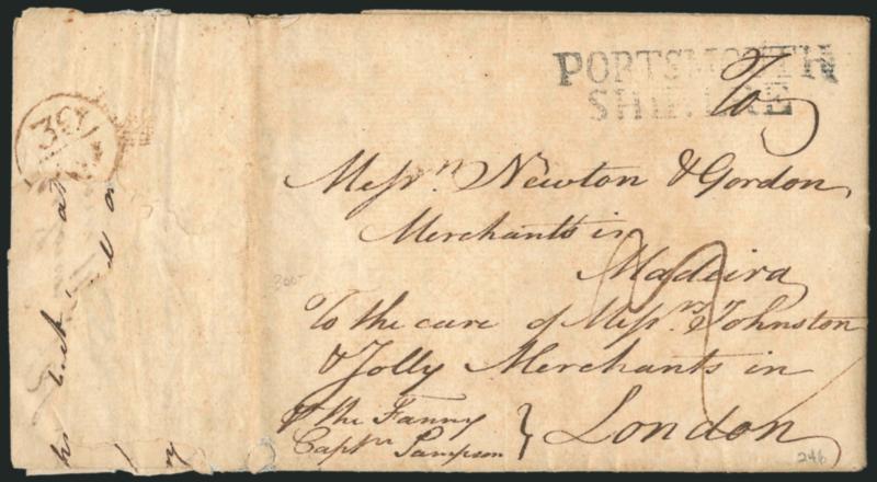 (Charleston S.C., 1766) Charles Town So. Carolina, June 14th 1766.> Dateline on folded letter <to London, England,> endorsed <<pr the Fanny, Captn. Sampson>> at lower left, clear strike of <^PORTSMOUTHSHIP
LRE^> two-line handstamp, ms. 4 due