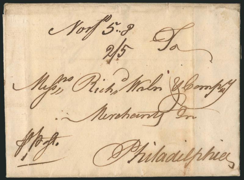 (Norfolk Va., 1765) Norfk 5.8 25.> Clear manuscript postmark with 5dwt 8gr rate and 25 due in local currency on folded letter datelined <<Norfolk 6 December 1765>> to Philadelphia, also endorsed <<p Post>> at
lower left, light vertical file