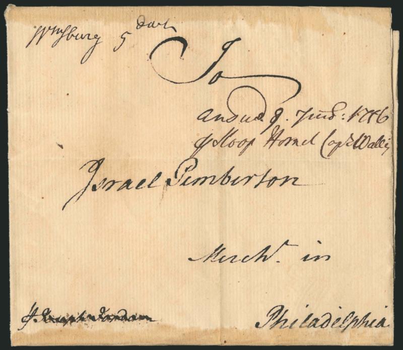 (Williamsburg Va., 1756) Wmsburg 5 dwt.> Manuscript postmark and 5dwt rate on folded cover to Israel Pemberton in Philadelphia, carried by private ship (name crossed out), receipt docketing <<answd. 9 7mo 1756
p. Sloop Hornet Capt. Wally,>> top p