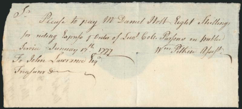 1777 Revolutionary War Express Pay Voucher.> Jan. 17, 1777, for 8 shillings payable to Daniel Holt <<for riding Express p Order of Lieut. Col. Parsons on public service,>> signed and audited on back,
desirable