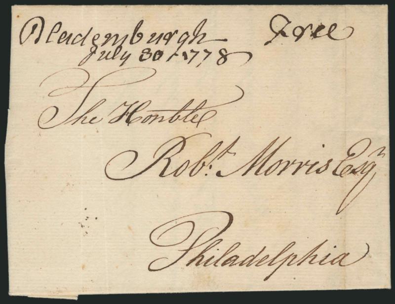 (Bladensburgh Md., 1778) Bladensburgh July 30, 1778.> Manuscript postmark and Free on folded letter addressed to William Morris in Philadelphia, discusses Morris part ownership of a ship, light vertical file
folds<><>^VERY FINE. THIS IS THE ON