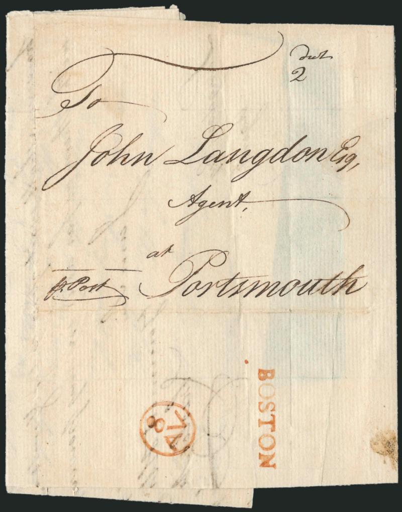 (Boston Mass., 1776) BOSTON.> Bold straightline handstamp struck in <red orange> on back of <August 8, 1776,> folded letter to Portsmouth N.H., matching ^8AV^ (Aug. 8) Franklin mark, ms. 2 dwt rate, written by
Charles Miller to John Langdon ab