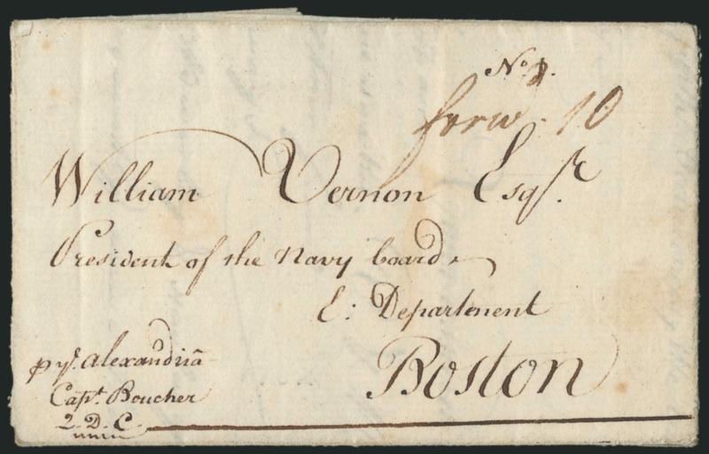(Boston Mass., 1782) Ship Letter from France.> Datelined <ordeaux 22d Jany. 1782>> to <<William Vernon Esqr., President of the Navy Board, E. Department, Boston>> with ship routing instructions <<p ye
Alexandria, Capt. Boucher Q.D.C.,>> lette