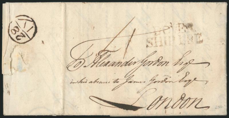 (New York N.Y. 1775) New York 7 June 1775.> Dateline on folded letter <to London, England,> brown ^DOVERSHIP LRE.^ two-line handstamp and matching 28IY (Jul. 28) Bishops mark applied on arrival, ms. due rate,
fresh and Very Fine