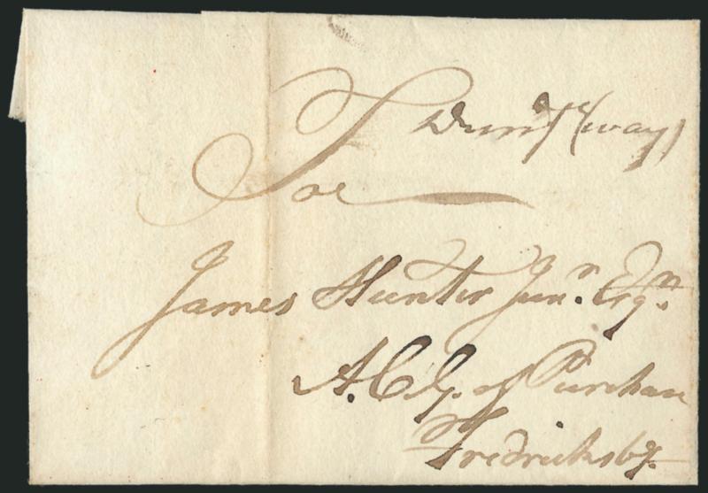 (Dumfries Va., 1777) Dumf (way).> Neat manuscript postmark on folded cover docketed <<Richd. Graham Dumfries 8 Decem. 1777>> and addressed to Fredericksburg Va., Very Fine, scarce war-period Way cover, ex
Siskin