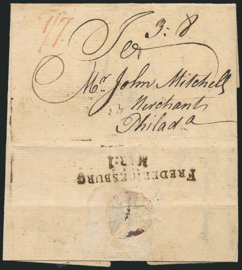 (Port Royal Va., 1775) FREDERICKSBURGHMAR:1.> Straightline handstamp (town and date struck separately) on back of folded letter datelined <<Port Royal 26th Feby. 1775>> from R. Johnston to John Mitchell in
Philadelphia, 3.8 dwt rate, red 17
