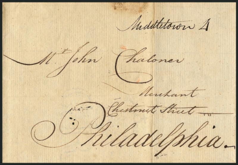 (Middletown Conn., 1784) Middletown 4.> Manuscript postmark and 4dwt rate on folded cover to John Chaloner in Philadelphia, receipt docketing <<Middletown Oc. 23 1784 N. Hubbard,>> wax seal stain at top, still
Very Fine, scarce Confederation Post
