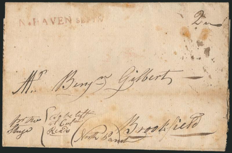 (New Haven Conn., 1786) N*HAVEN SEPT. 7.> Clear strike of red straightline datestamp with ms. 2 dwt rate on 1786 folded letter to Brookfield Conn., senders instructions at lower left incl. <<pr. No. Stage>>
and <<to be left at Carl Reads>>,