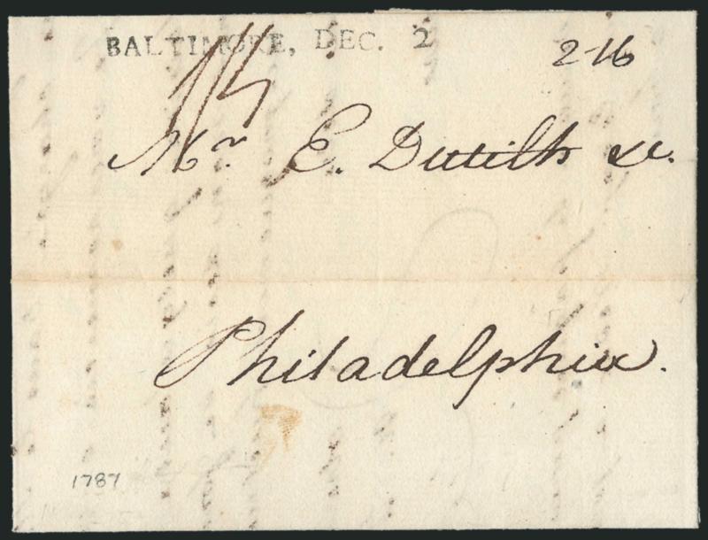 (Baltimore Md., 1787) BALTIMORE, DEC. 2.> Clear strike of straightline handstamp with ms. 2.16 dwt rate and 14 due in local currency on 1787 folded letter to Philadelphia, light horizontal file fold well away
from marking, Extremely Fine strik