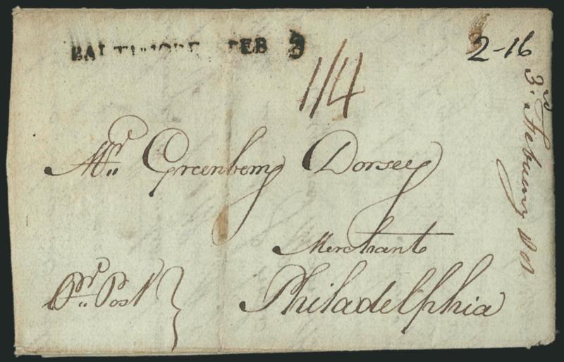 (Baltimore Md., 1788) BALTIMORE FEB. 3.> Bold straightline datestamp with ms. 2.16 dwt rate and 14 due in local currency on 1788 folded letter to Philadelphia, light vertical file fold, minor soiling, Very
Fine, Maryland became a state on Apri