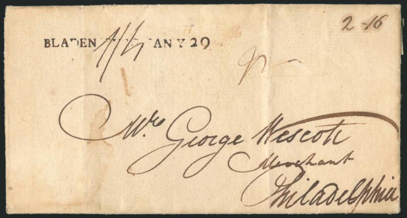 (Bladensburg Md., 1787) BLADENSBURG JANY 29.> Neat strike of straightline datestamp on folded letter datelined <<Port Tobacco 17th December 1787>> to Philadelphia, ms. 2.16 dwt rate and 14 due in local
currency, light vertical file folds<><